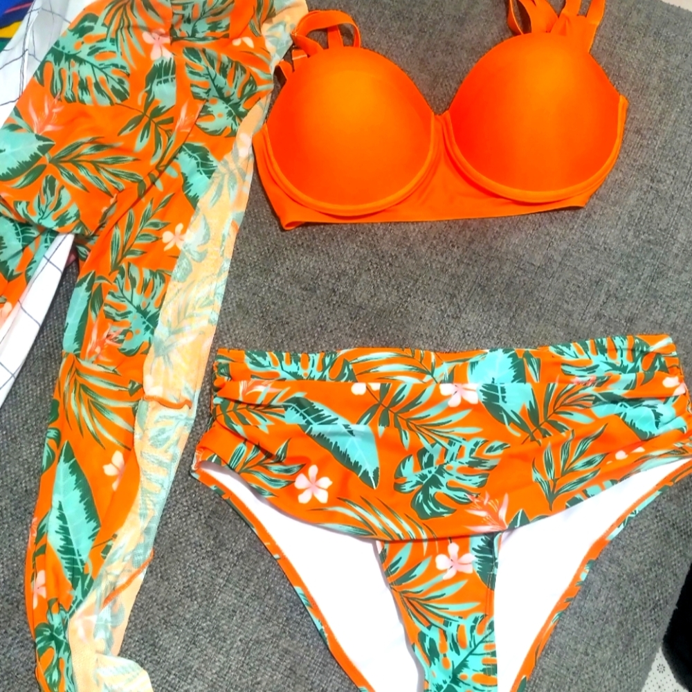 Tropical Orange Bikini Set w/ Cover Up